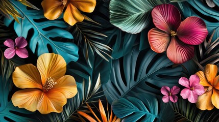 Beautiful jungle-inspired artwork featuring a fusion of tropical leaves and stunning blossoms. -