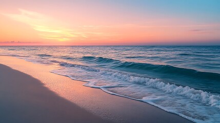 Obraz premium Beautiful Coastal Sunset: Serene Beach Scene with Waves, Pink Skies, and Tranquil Ocean Atmosphere.