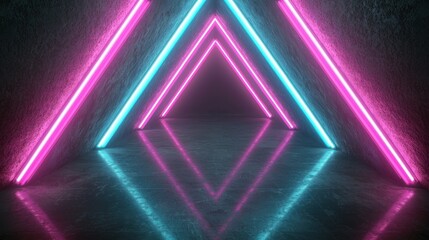 Fototapeta premium Vibrant Neon Lighted Tunnel with Reflective Floor and Dark Walls