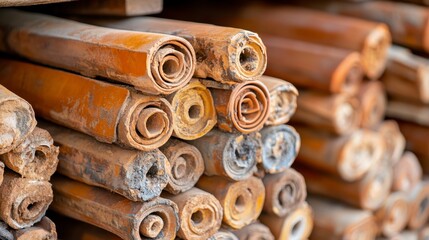 Close up view of a stack of rolled, dried, light brown plant stalks, showing texture and detail. Some stalks appear weathered or aged.