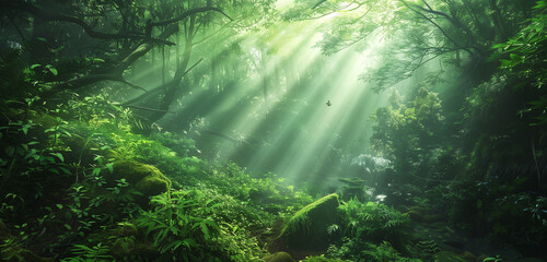 Fototapeta premium A tranquil forest landscape bathed in sunlight, where rays filter through the leafy green canopy, creating a serene and calming atmosphere.