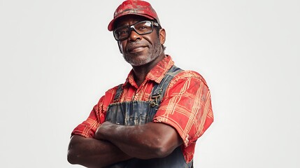 Obraz premium Confident mature man in work attire, wearing glasses, posing against plain background