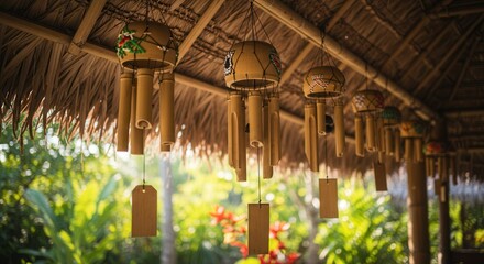 Hanging Bamboo Wind Chimes Under Thatched Roof with Tropical Garden View