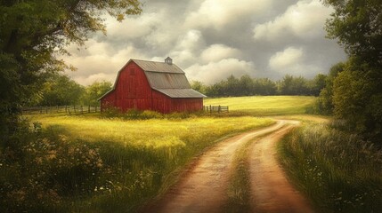 Rural Americana: A red barn stands guard over a tranquil dirt road scene