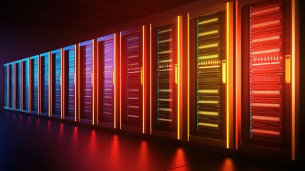 Obraz premium Colorful Data Center Servers with Neon Lights and Reflections