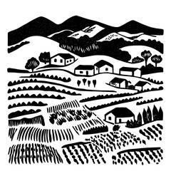 Fototapeta premium Serene countryside landscape with rolling hills, quaint houses, and cultivated fields under a clear sky