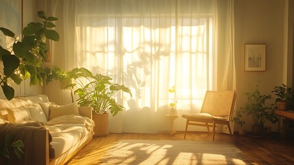 A minimalist living room flooded with golden hour sunlight through open curtains, warm light bouncing off clean white walls, natural wood furniture and green plants adding a fresh touch,