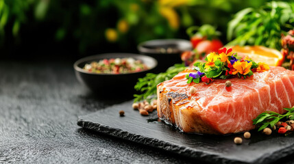 Tuna steak garnished with colorful sauce and flower on a slate plate captured in a top-down view to showcase elegance