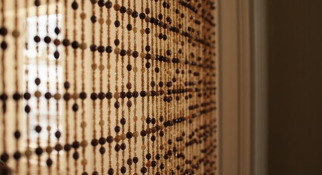 Hanging Beaded Curtain with Brown and Beige Beads Creates Bohemian Texture