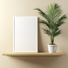 Blank frame and potted plant on shelf against neutral wall