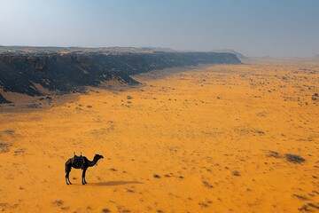 Lonely camel in vast ochre desert, cliff backdrop.  Aerial view. Stock photo