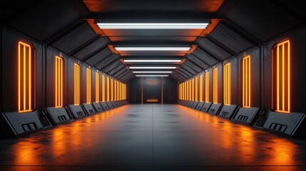 Fototapeta premium Futuristic Sci-Fi Corridor with Neon Lights and Metallic Walls