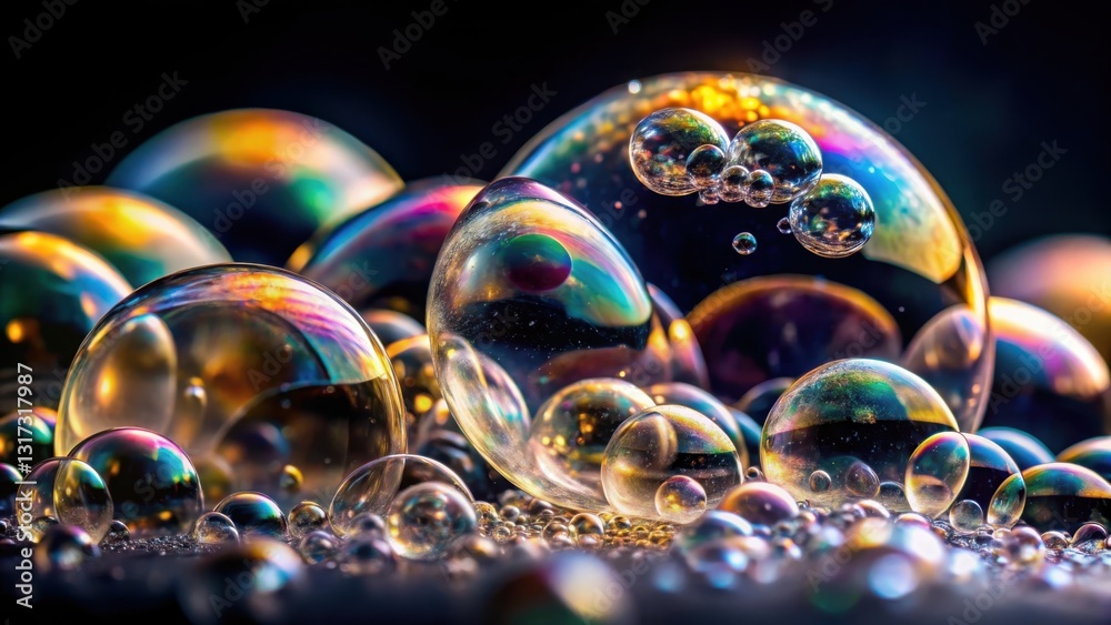 Poster A mesmerizing array of iridescent soap bubbles, illuminated with warm, golden light, create a stunning microcosm of delicate, fragile beauty.