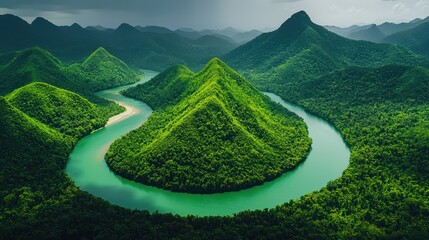 Serene river meandering through verdant rainforest canopy, showcasing natural beauty