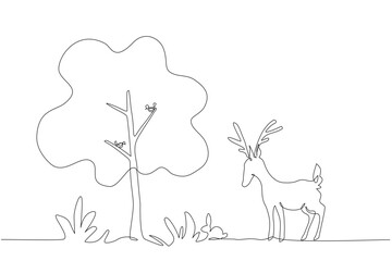 Minimalist continuous line drawing of a deer, rabbit, trees, and birds in a forest,  wildlife, for nature, and harmony. Perfect for ecological, outdoor, and conservation concepts. Editable stroke