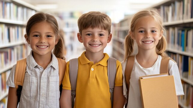 Cheerful children in library, diverse kids smiling with backpacks holding books, promoting education and friendship, bright atmosphere.