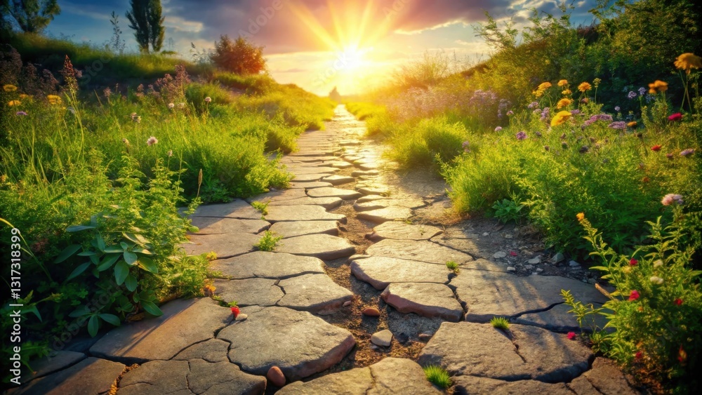 Poster a stone path leads through a field of wildflowers toward a bright sun setting in the distance. the p