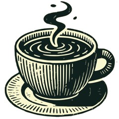 Vintage Woodblock Print Steaming Coffee Cup – Retro Hand-Drawn Café Illustration