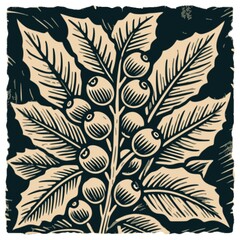 Vintage Woodblock Print Coffee Leaves – Retro Botanical Hand-Drawn Coffee Plant Illustration
