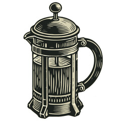 Obraz premium Vintage Woodblock Print French Press – Retro Hand-Drawn Coffee Maker Illustration