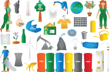 Fototapeta premium Ecology collection with different vector illustrations Recycling, trash bins, people picking up trash, farming, plastic bags, solar panel, petrol, energy, windmill, global warming, save the planet