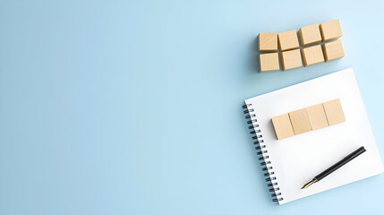 Building Blocks Notebook And Pen On A Pastel Blue Background Concept For Planning Strategy And Development