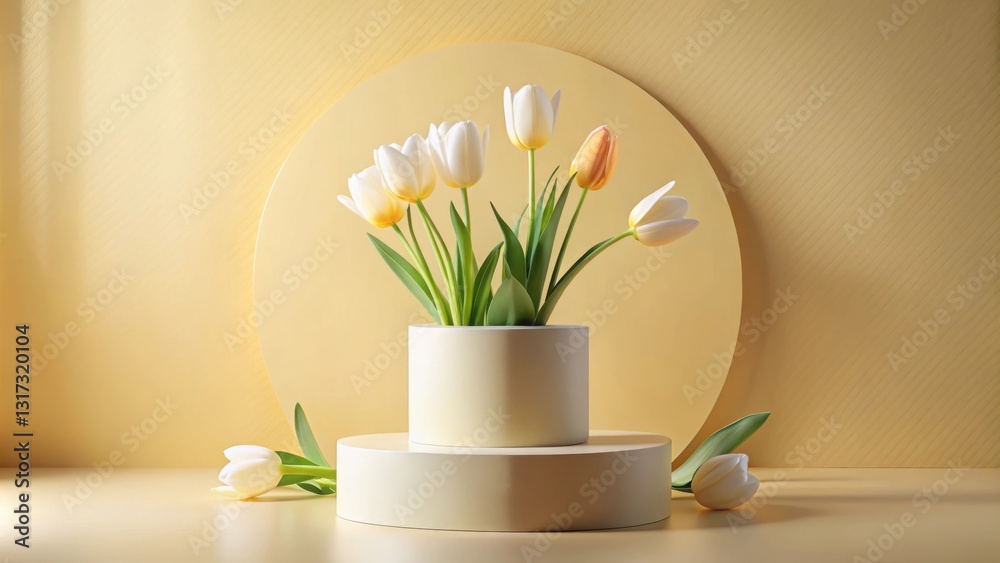 Aufkleber minimalist still life of white tulips in a vase on a platform with a yellow background