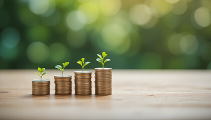 Stacked coins increasing in height with small vibrant green plants growing from the top of each pile