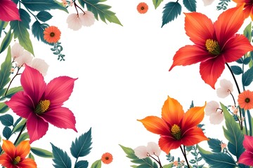 Fototapeta premium Vibrant Floral Border Design with Colorful Flowers and Lush Leaves