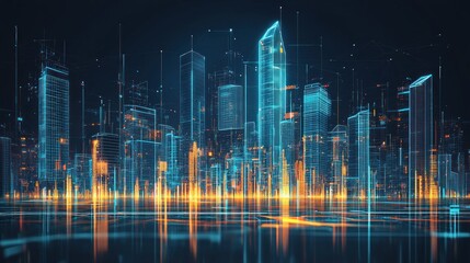 Futuristic city luminous lines form buildings, reflections below
