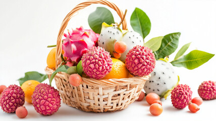 Tropical fruit basket with vibrant colors and textures