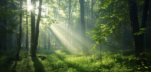 Fototapeta premium A tranquil forest landscape bathed in sunlight, where rays filter through the leafy green canopy, creating a serene and calming atmosphere.