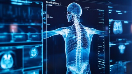 Digital healthcare interface, futuristic display of human anatomy, holographic elements, highlighting medical technology and innovation.