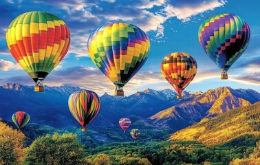 Fototapeta premium Colorful Hot Air Balloons Flying Over Mountain Landscape with Blue Sky