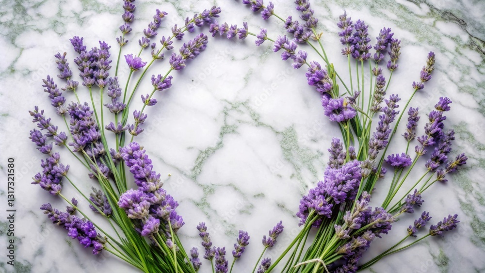 Poster a vibrant arrangement of purple lavender blossoms gracefully adorn a pristine marble background, cre