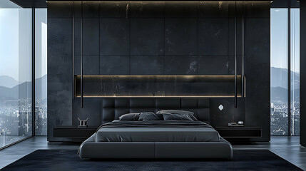 Modern luxury penthouse bedroom with city view, nighttime