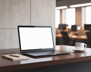 Laptop with blank screen on wooden desk, notepad and pen beside it, coffee cup in background, blurry office setting, showcasing workspace mockup, ideal for advertisement