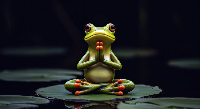 Frog doing yoga on a lily pad at a tranquil pond setting