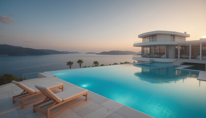 Fototapeta premium A modern, minimalist infinity pool overlooking a tranquil sea and distant mountains. The pool is a vibrant turquoise reflecting the sky and landscape above