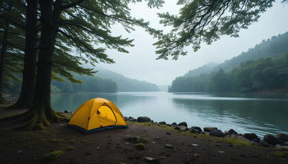 A bright yellow camping tent nestled beneath a canopy of lush trees by a tranquil lake