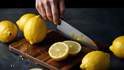 A close-up, high-angle shot of a cleaver slicing a bright yellow lemon