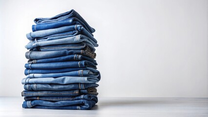 A neatly stacked tower of denim jeans showcasing various shades of blue against a simple white background.