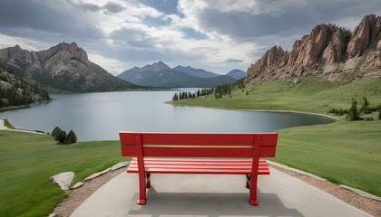 Red park bench, centered, overlooking serene alpine lake, rugged mountain backdrop cloudy sky natural light calm atmosphere