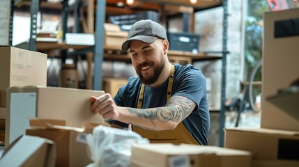 Small business owner packaging a product for shipping, e-commerce theme