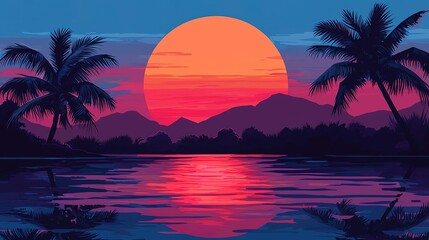 Vibrant summer sunset over tranquil water tropical landscape digital art serene environment cyberpunk aesthetic
