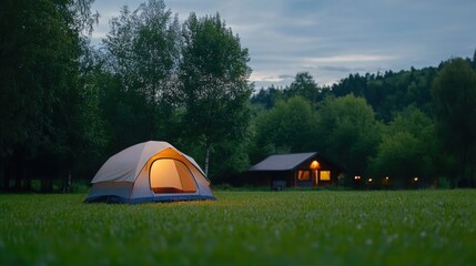 Cozy Camping Scene with Tent and Cabin Surrounded by Lush Greenery at Dusk in a Serene Natural Setting