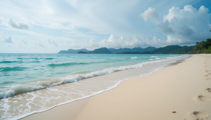 Tranquil tropical beach scene. Soft, pale beige sand gently curves along the turquoise and deep blue water. Ocean waves, with a delicate froth of white foam