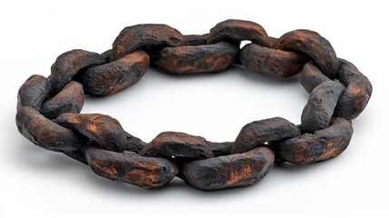 Obraz premium Dark brown chain links arranged in a circular form, isolated on a white background. The texture is rough and shows signs of wear.