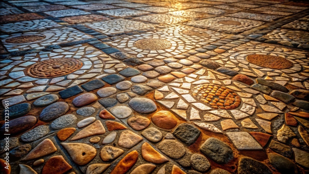 Aufkleber A mosaic walkway constructed with various shapes and sizes of stones, creating a vibrant and textured pattern under the warm glow of sunlight.