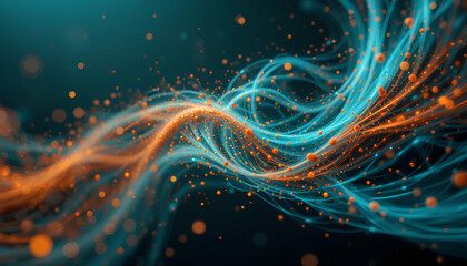 Abstract swirling particles teal and orange deep dark background